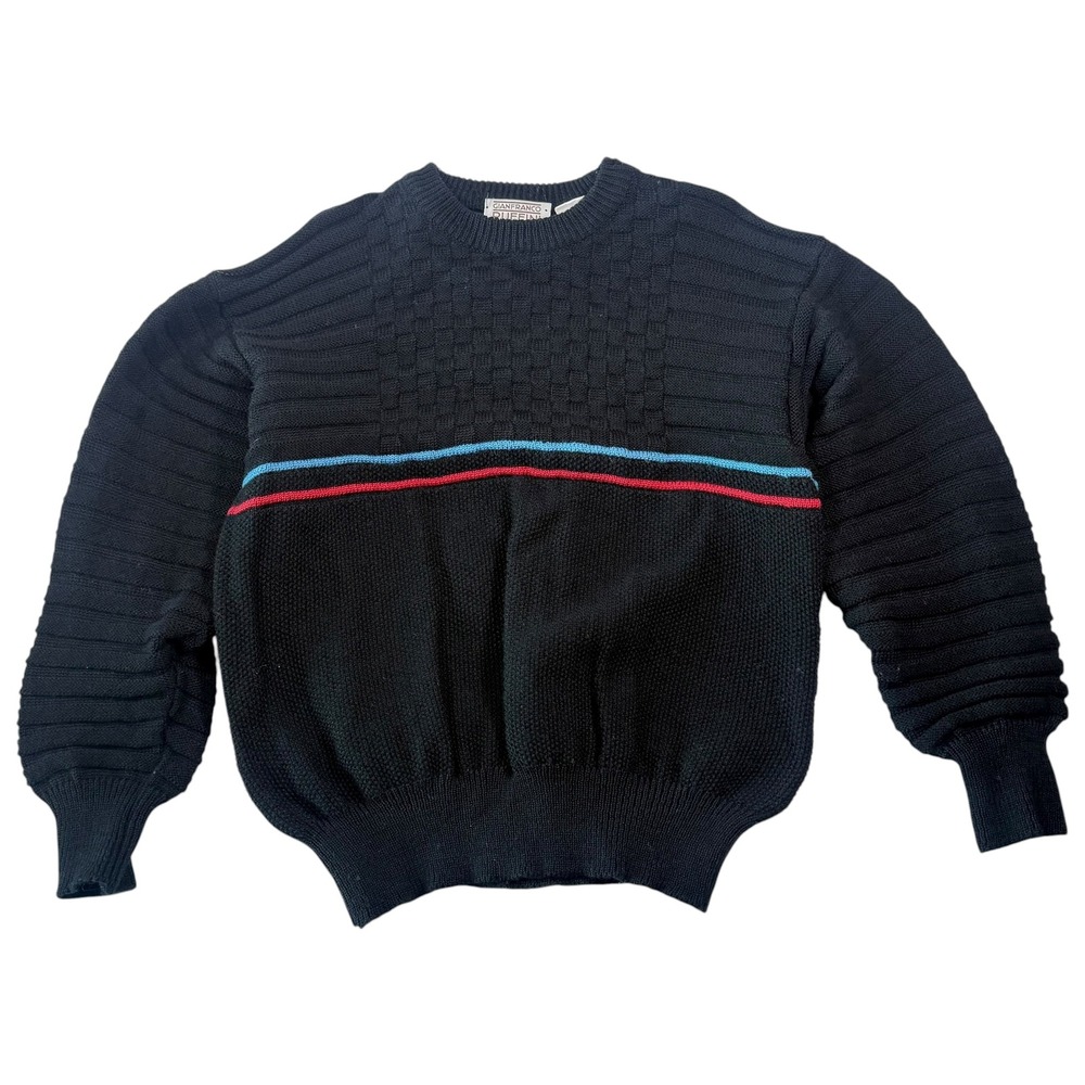 Vintage Gianfranco Ruffini Medium Black Italian Wool Knit Sweater Crew‎ Neck